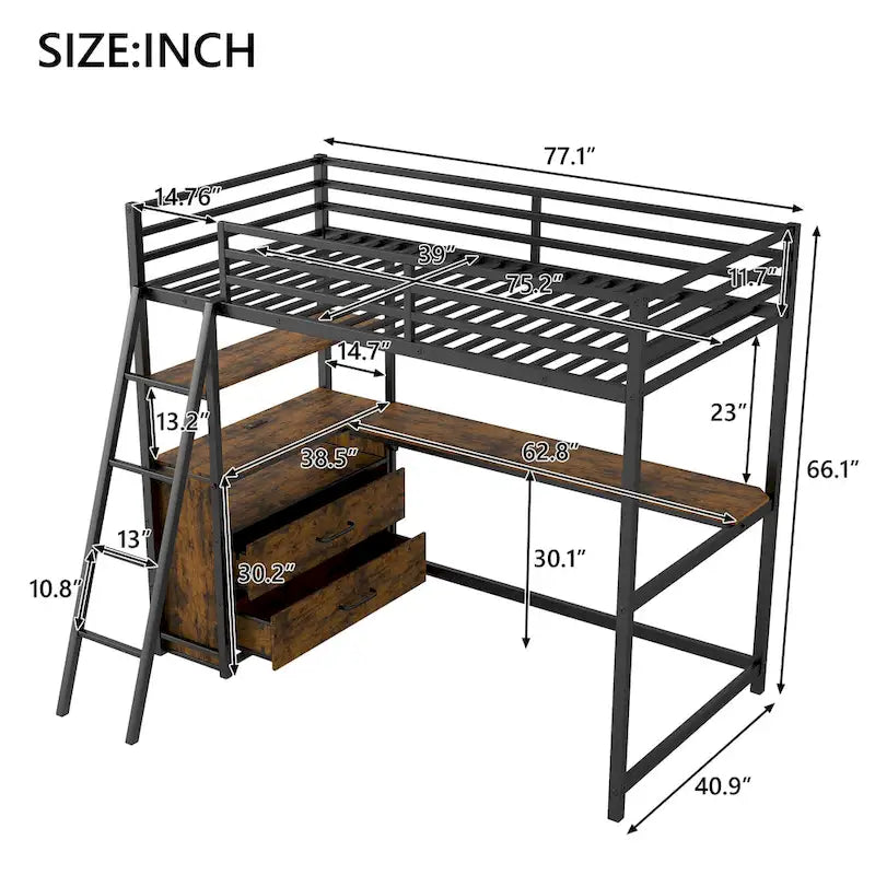 Cama alta tipo loft moderna de metal con escritorio, cajones e iluminación LED