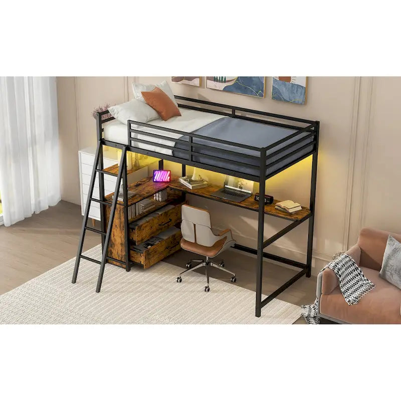 Cama alta tipo loft moderna de metal con escritorio, cajones e iluminación LED