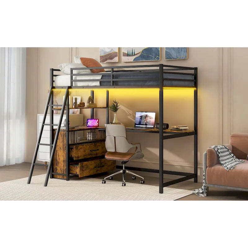 Cama alta tipo loft moderna de metal con escritorio, cajones e iluminación LED