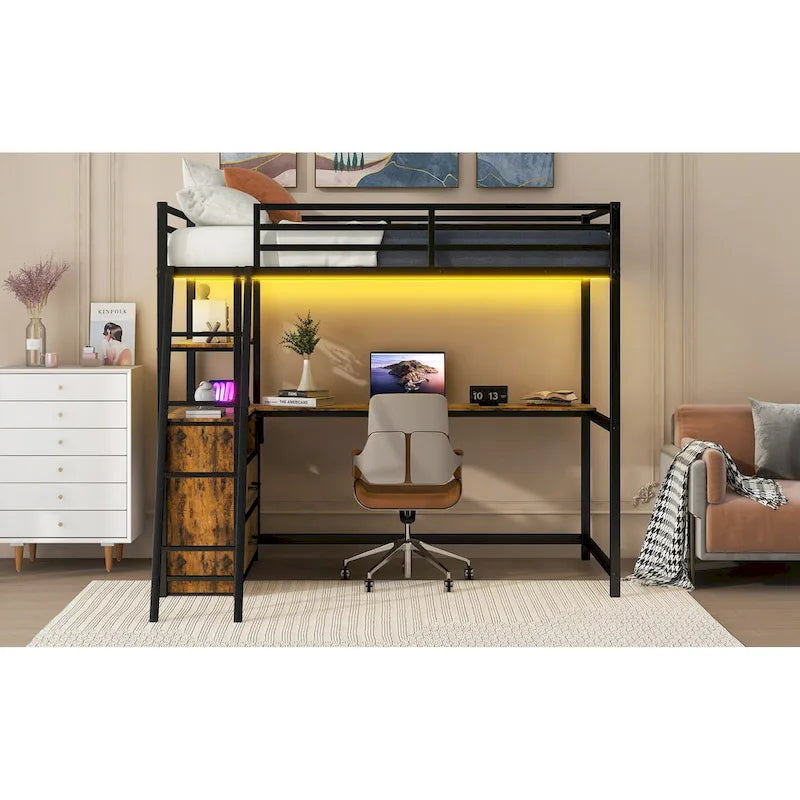 Cama alta tipo loft moderna de metal con escritorio, cajones e iluminación LED