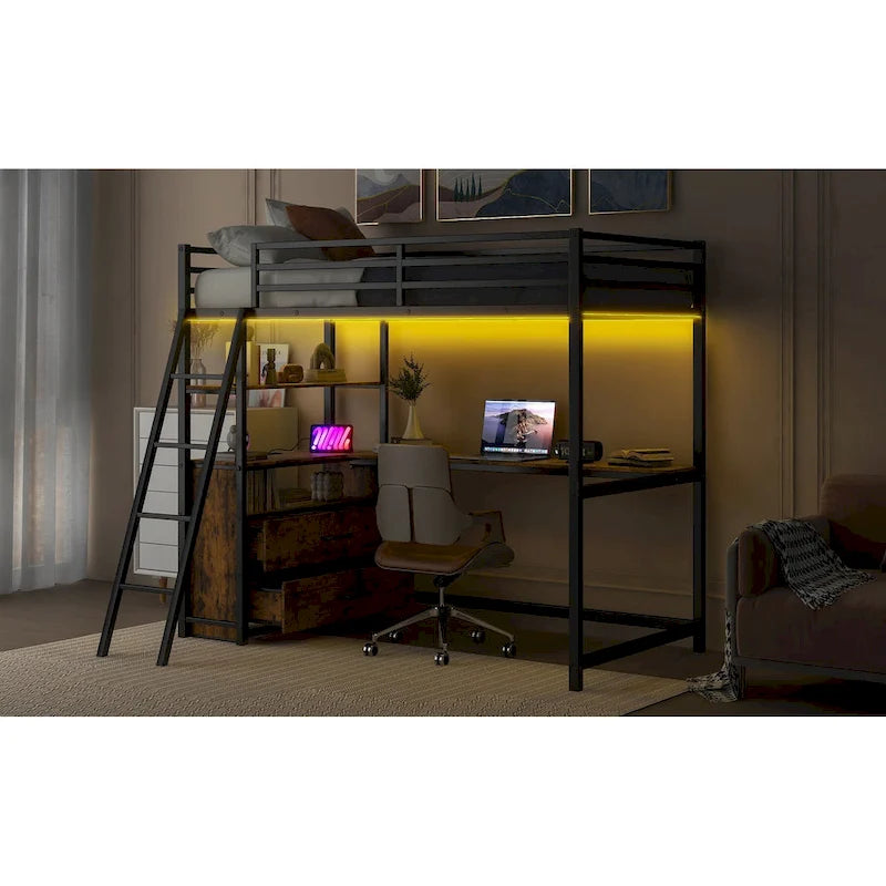 Cama alta tipo loft moderna de metal con escritorio, cajones e iluminación LED