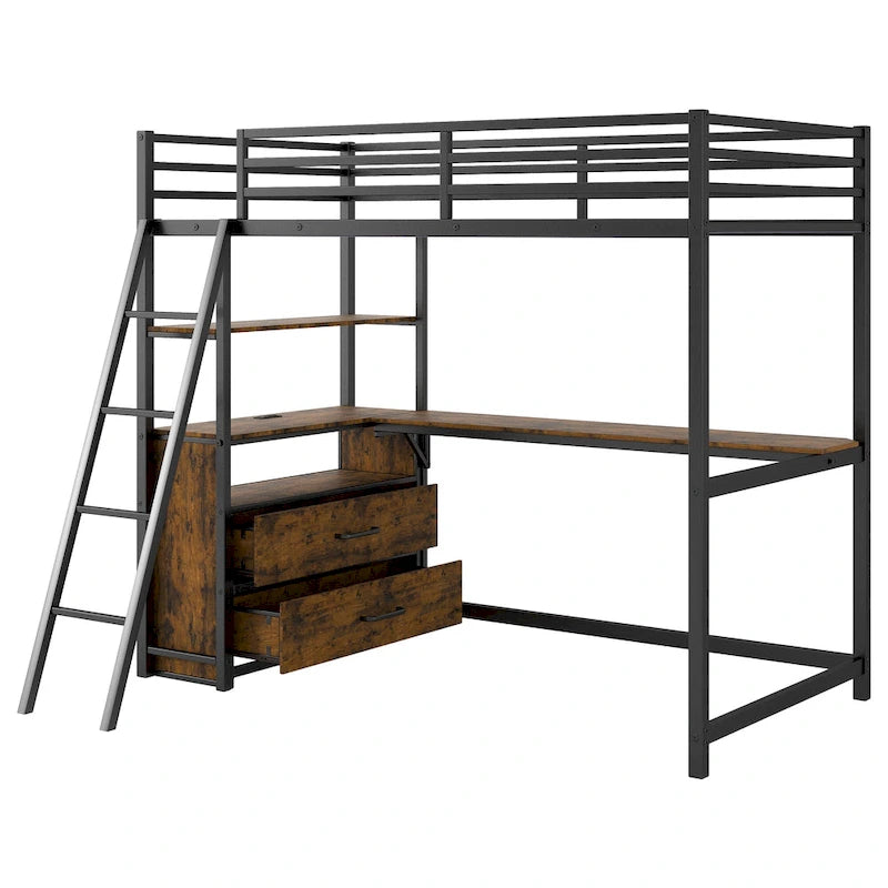 Cama alta tipo loft moderna de metal con escritorio, cajones e iluminación LED