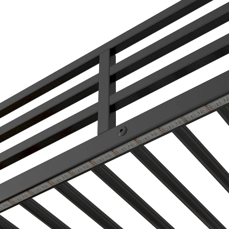 Cama alta tipo loft moderna de metal con escritorio, cajones e iluminación LED