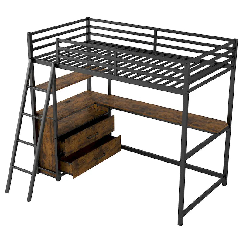 Cama alta tipo loft moderna de metal con escritorio, cajones e iluminación LED