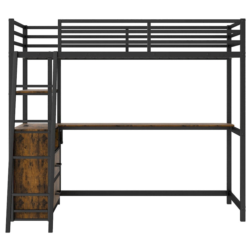 Cama alta tipo loft moderna de metal con escritorio, cajones e iluminación LED