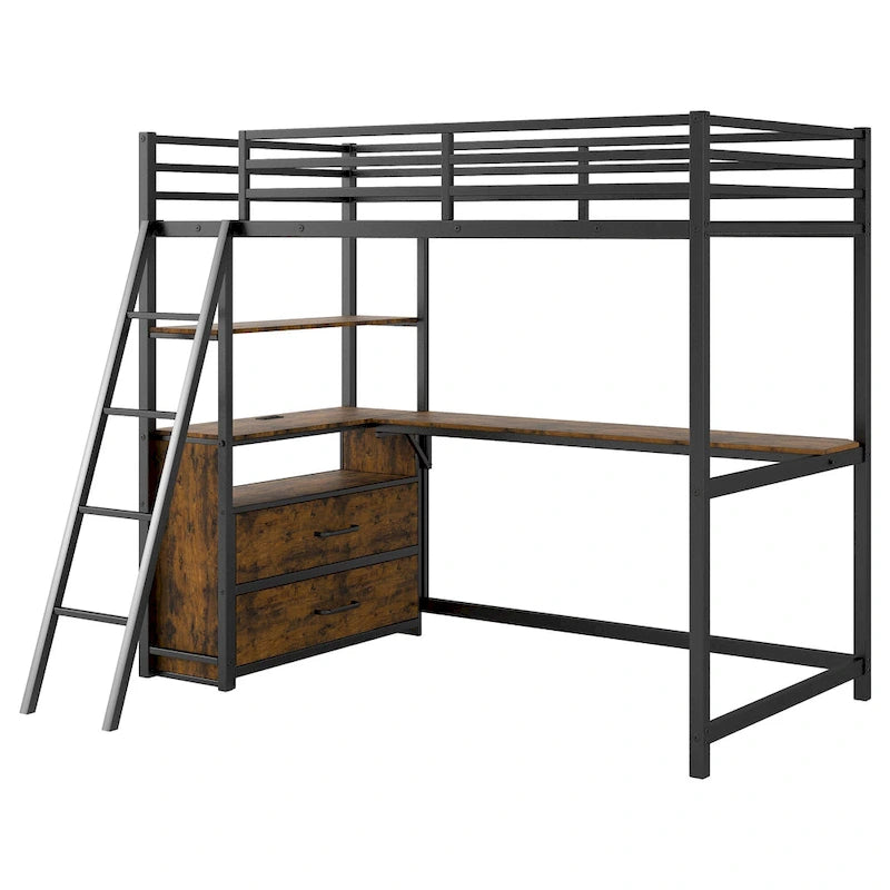Cama alta tipo loft moderna de metal con escritorio, cajones e iluminación LED