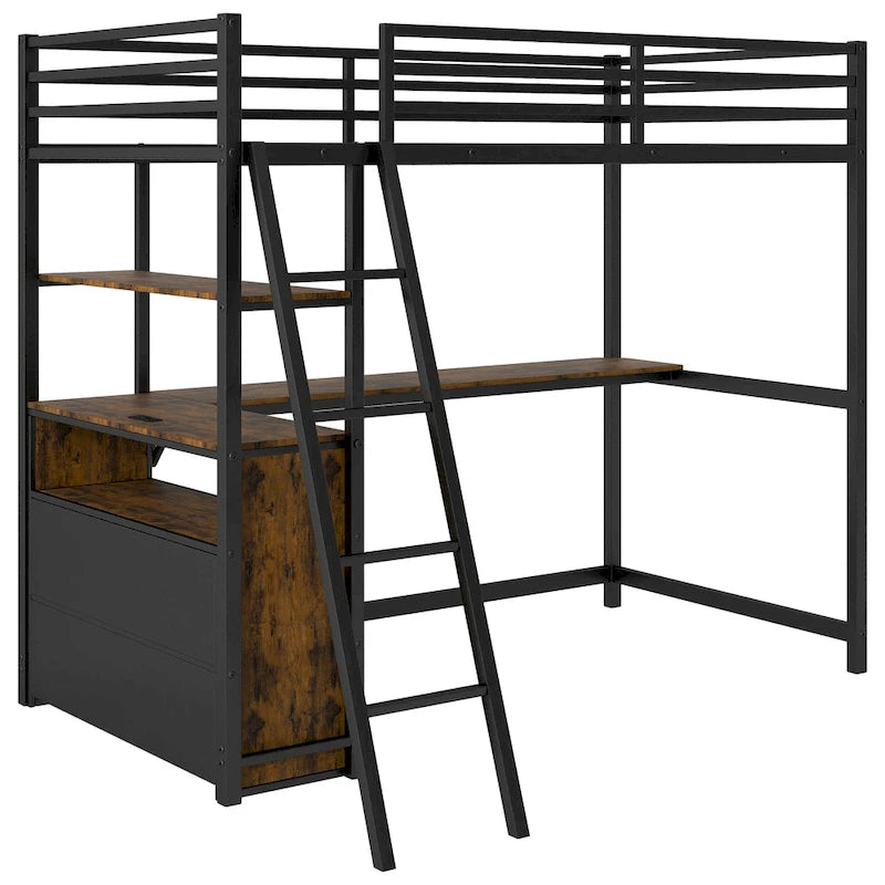 Cama alta tipo loft moderna de metal con escritorio, cajones e iluminación LED