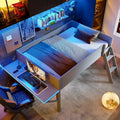 Letto alto basso grigio in legno di pino con scrivania e illuminazione