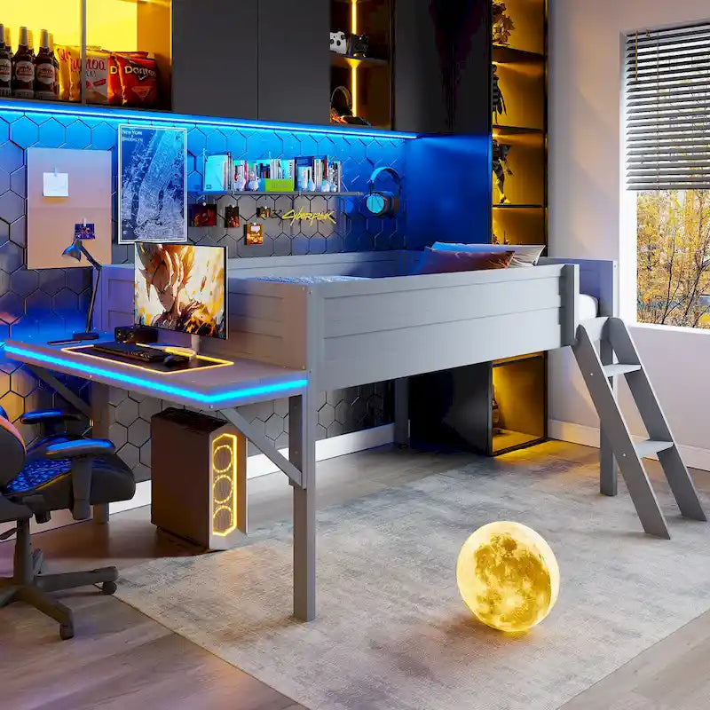 Cama baja tipo loft gris de madera de pino con escritorio e iluminación