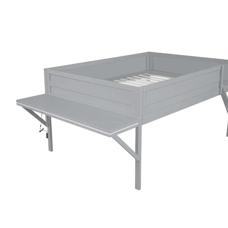 Cama baja tipo loft gris de madera de pino con escritorio e iluminación