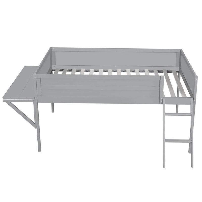 Letto alto basso grigio in legno di pino con scrivania e illuminazione