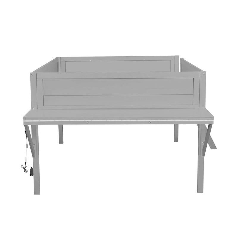 Letto alto basso grigio in legno di pino con scrivania e illuminazione