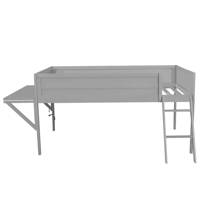 Letto alto basso grigio in legno di pino con scrivania e illuminazione