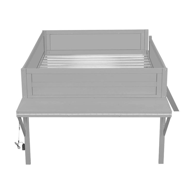 Letto alto basso grigio in legno di pino con scrivania e illuminazione