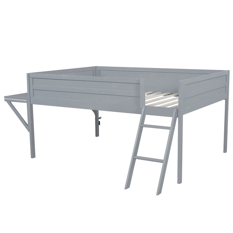 Letto alto basso grigio in legno di pino con scrivania e illuminazione