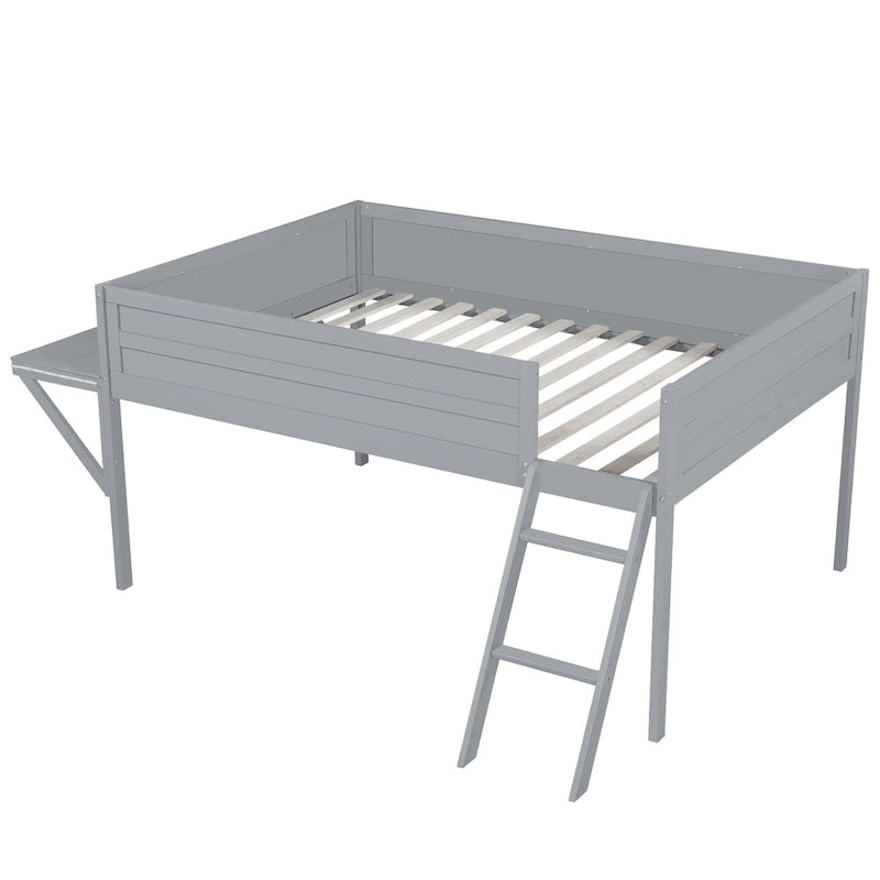 Letto alto basso grigio in legno di pino con scrivania e illuminazione