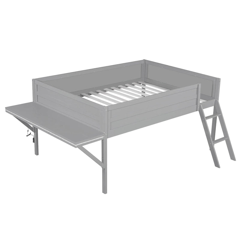 Letto alto basso grigio in legno di pino con scrivania e illuminazione