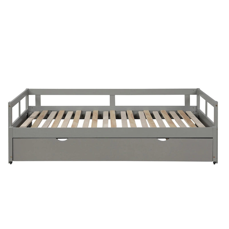 Cama nido moderna gris de madera de pino con barandillas abiertas y listones