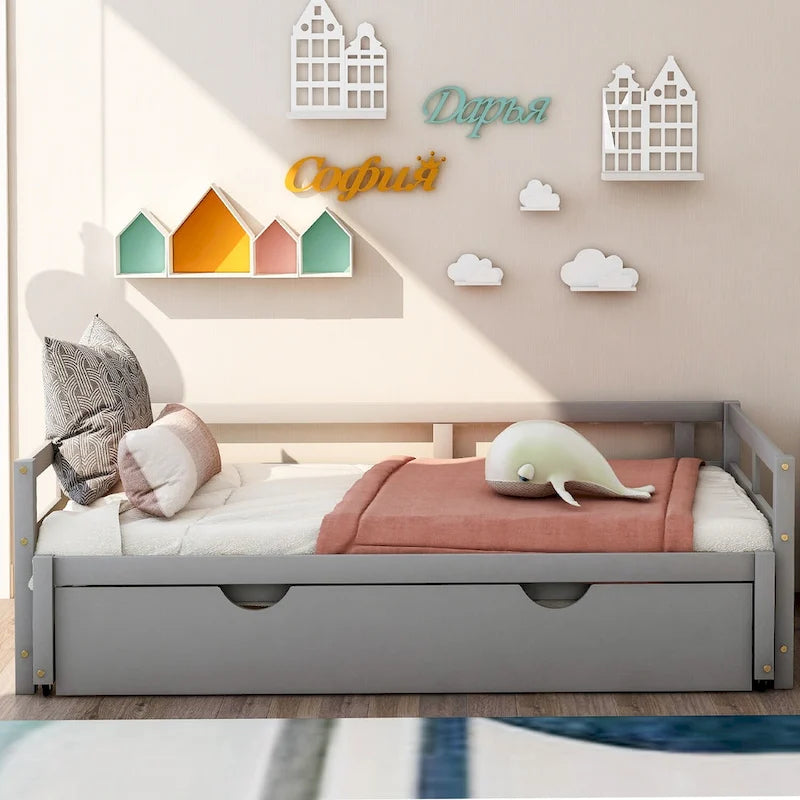 Cama nido moderna gris de madera de pino con barandillas abiertas y listones