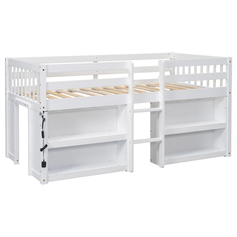 Letto alto basso in legno di pino con mensole sfalsate e illuminazione