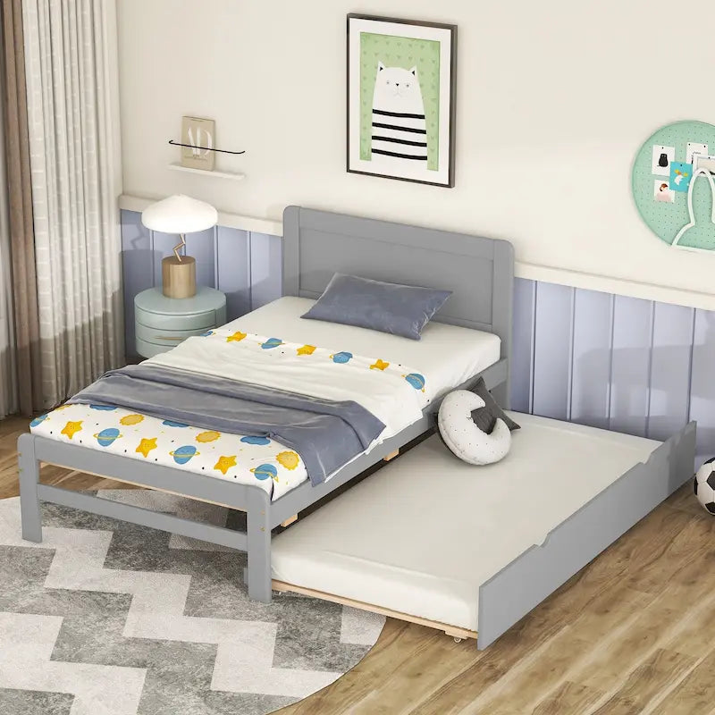 Modernes graues Holzplattformbett mit Paneelkopfteil und Latten