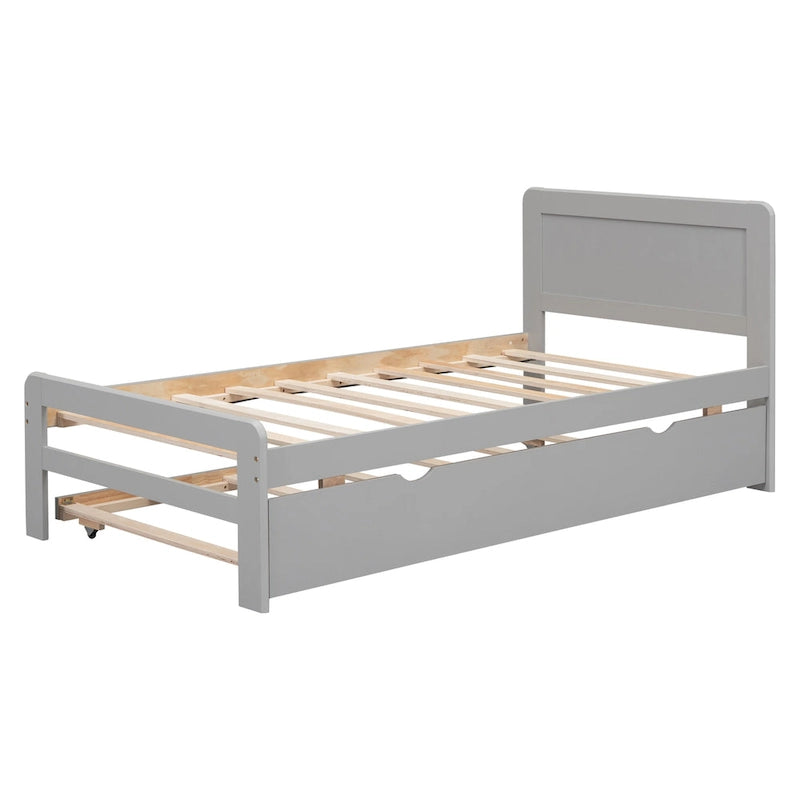 Cama plataforma moderna de madera gris con cabecero de paneles y listones