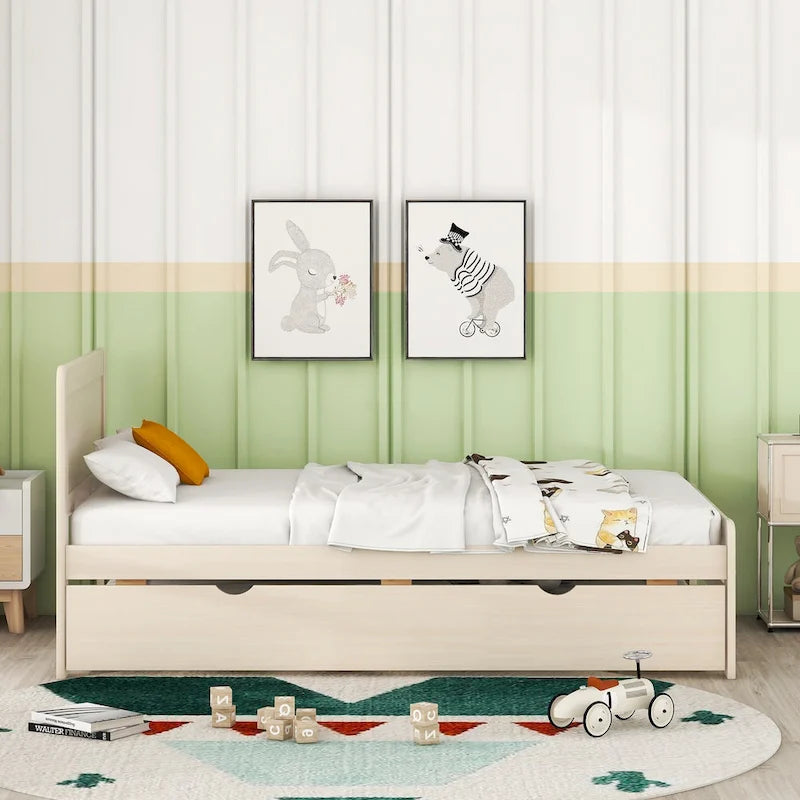 White Solid Wood Twin Platform Bed Frame with Trundle and Modern Wood Headboard