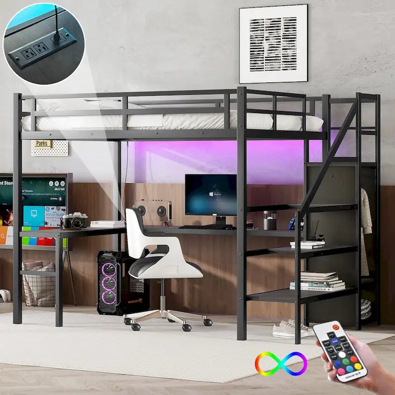 Struttura letto a soppalco moderna in metallo nero con scala contenitore integrata