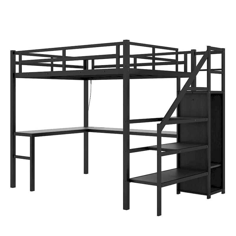 Estructura de cama alta de metal negro moderna con escaleras de almacenamiento integradas