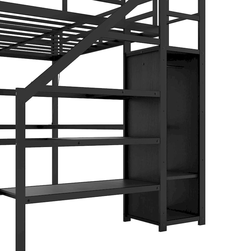 Estructura de cama alta de metal negro moderna con escaleras de almacenamiento integradas