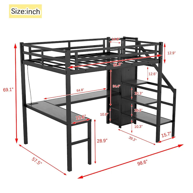 Struttura letto a soppalco moderna in metallo nero con scala contenitore integrata