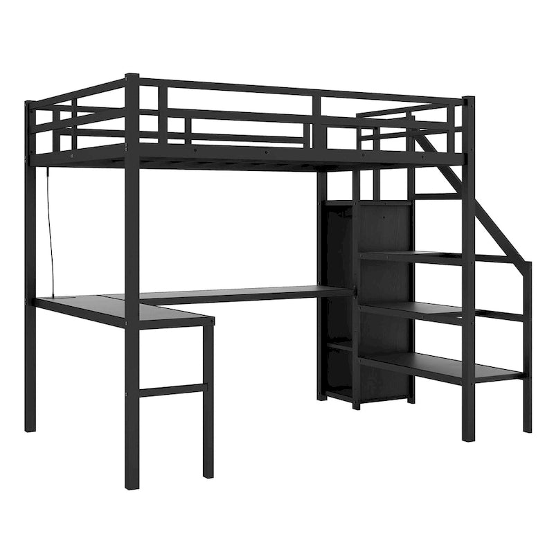 Struttura letto a soppalco moderna in metallo nero con scala contenitore integrata