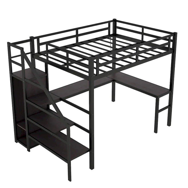 Struttura letto a soppalco moderna in metallo nero con scala contenitore integrata
