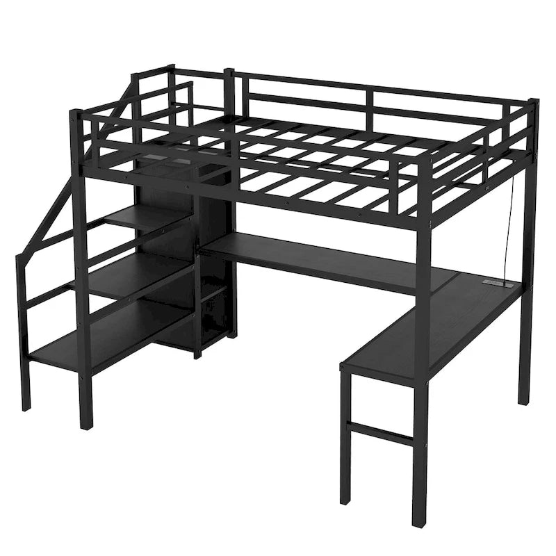 Struttura letto a soppalco moderna in metallo nero con scala contenitore integrata