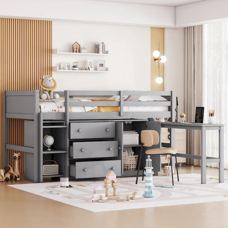 Cama baja alta de madera gris moderna con cajones y espacio de almacenamiento