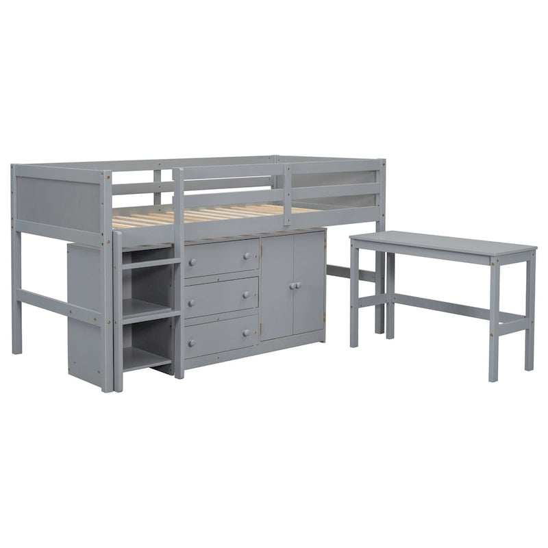 Cama baja alta de madera gris moderna con cajones y espacio de almacenamiento