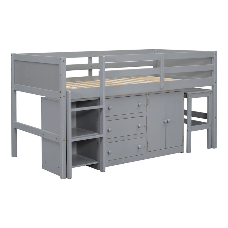 Cama baja alta de madera gris moderna con cajones y espacio de almacenamiento