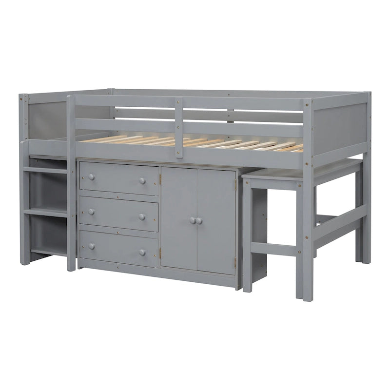Cama baja alta de madera gris moderna con cajones y espacio de almacenamiento
