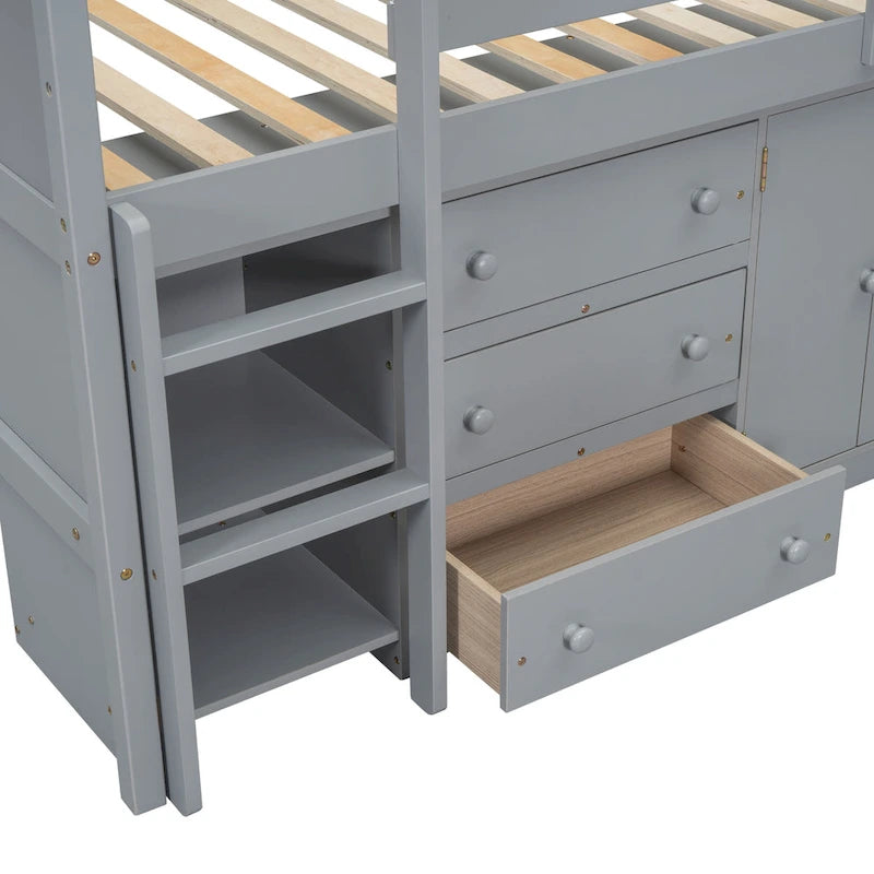 Cama baja alta de madera gris moderna con cajones y espacio de almacenamiento