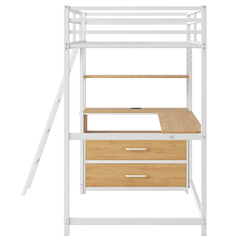Oak Natural Wood + Antique White Twin Size Metal Wood Loft Bed with Desk, Drawers, and USB