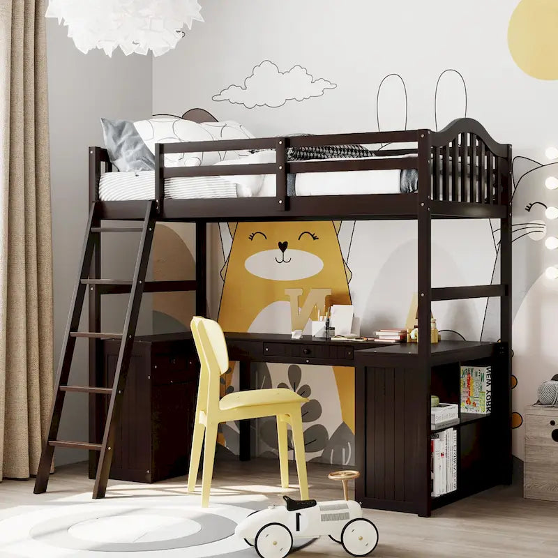 Cama alta tipo loft clásica de madera de pino con escritorio y almacenamiento integrados