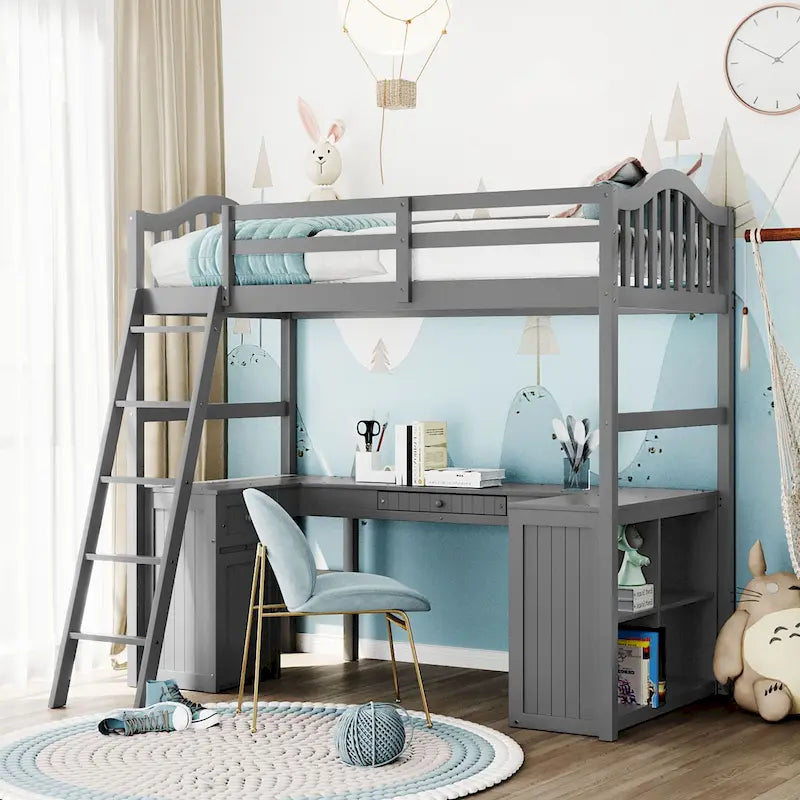 Cama alta tipo loft clásica de madera de pino con escritorio y almacenamiento integrados