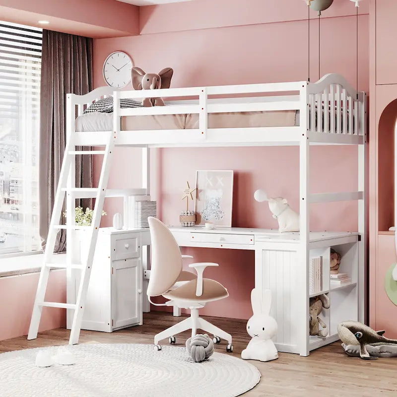 Cama alta tipo loft clásica de madera de pino con escritorio y almacenamiento integrados