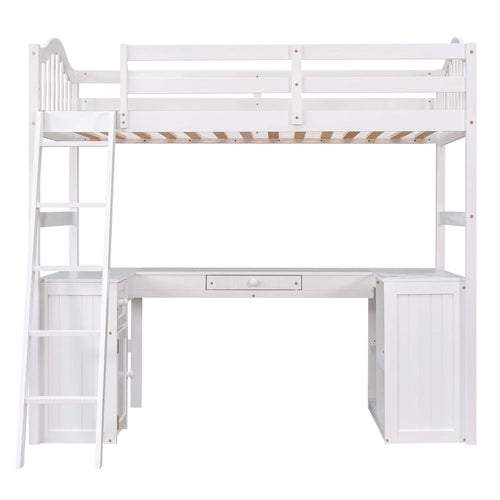 Twin Wooden Loft Bed with Desk and Shelves
