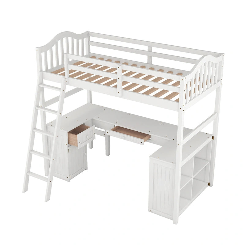 Cama alta tipo loft clásica de madera de pino con escritorio y almacenamiento integrados
