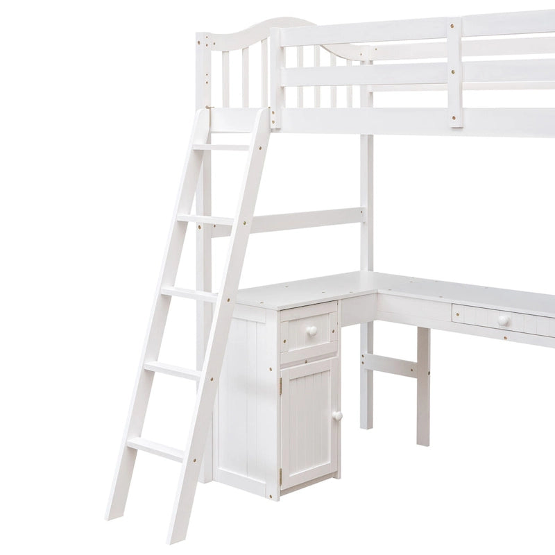 Cama alta tipo loft clásica de madera de pino con escritorio y almacenamiento integrados