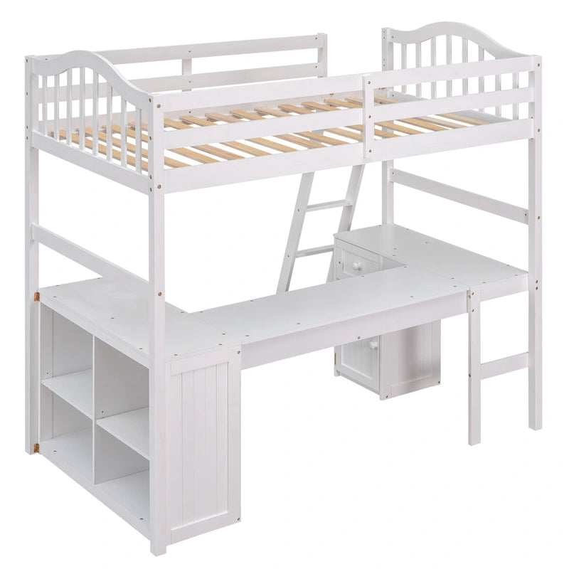 Cama alta tipo loft clásica de madera de pino con escritorio y almacenamiento integrados