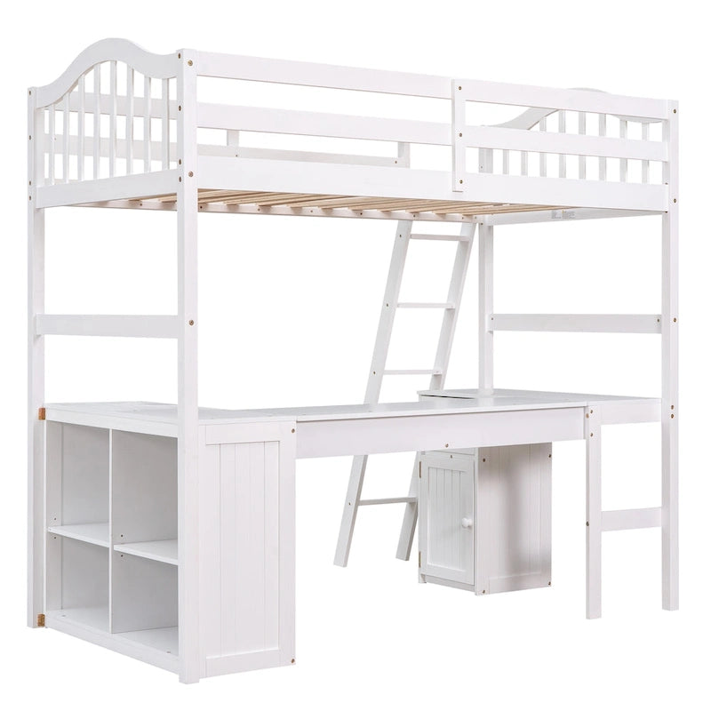 Cama alta tipo loft clásica de madera de pino con escritorio y almacenamiento integrados