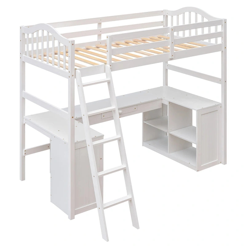 Cama alta tipo loft clásica de madera de pino con escritorio y almacenamiento integrados