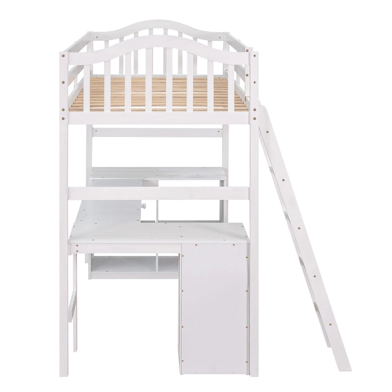 Cama alta tipo loft clásica de madera de pino con escritorio y almacenamiento integrados